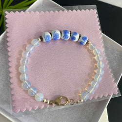 Sterling Silver 6mm Moonstone Opalite & Blue Flower Porcelain Beads Bracelet