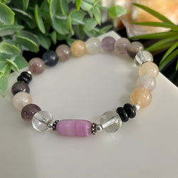 Violet and Clear Quartz Gemstone Sterling Silver Beaded Bracelet Natural Stone Crystal Healing