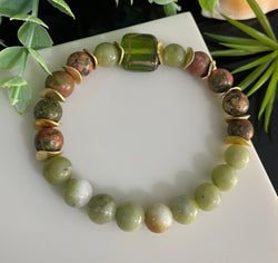 Unakite & Jade 8mm Gemstone Beaded Bracelet Natural Stone Crystal Healing Gold Plated