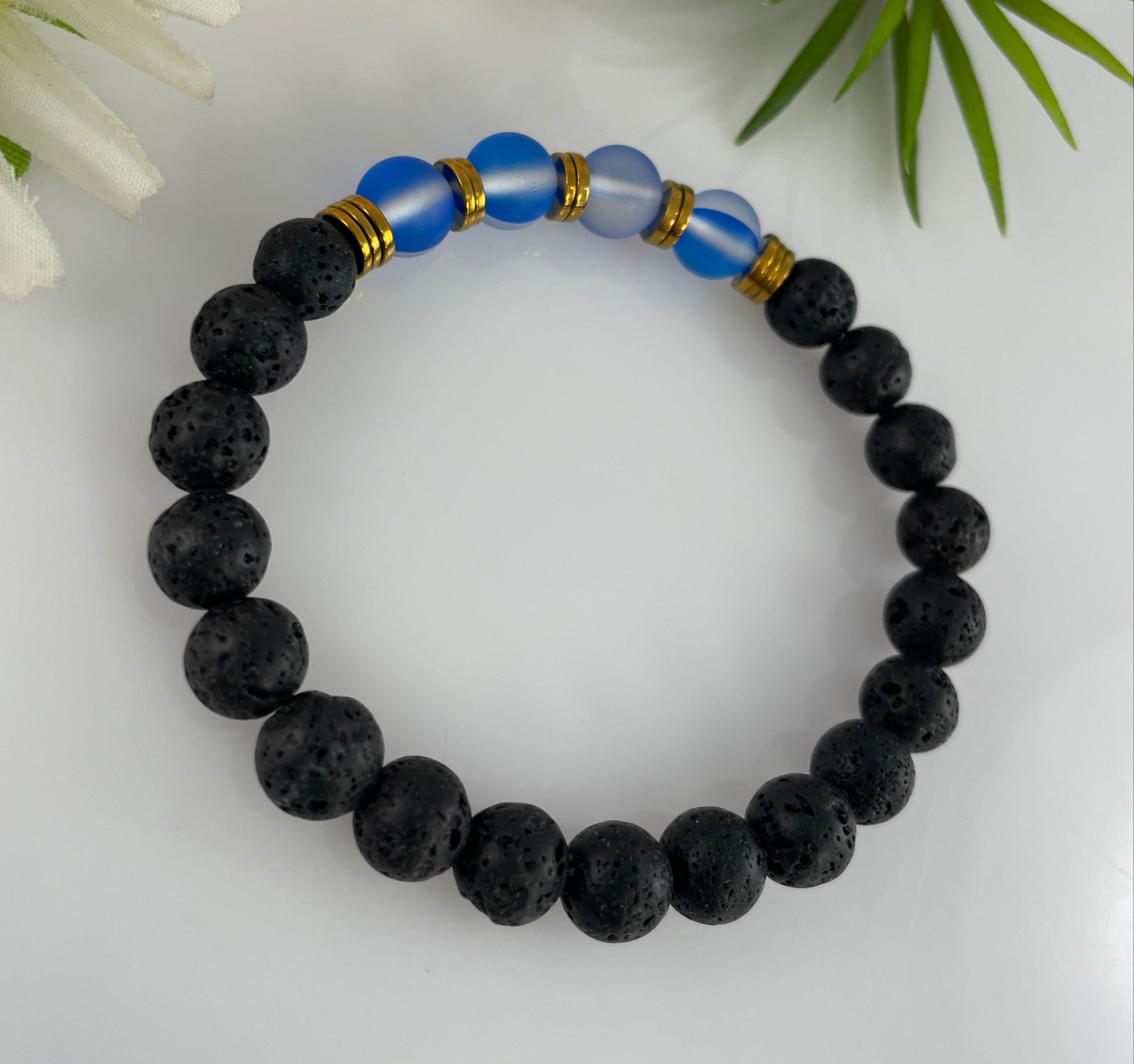 Black Lava Oil Diffuser & Aura Blue Mermaid Glass Beaded Bracelet Gold Plated 8mm