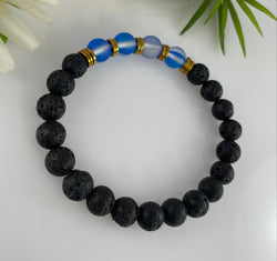 Black Lava Oil Diffuser & Aura Blue Mermaid Glass Beaded Bracelet Gold Plated 8mm
