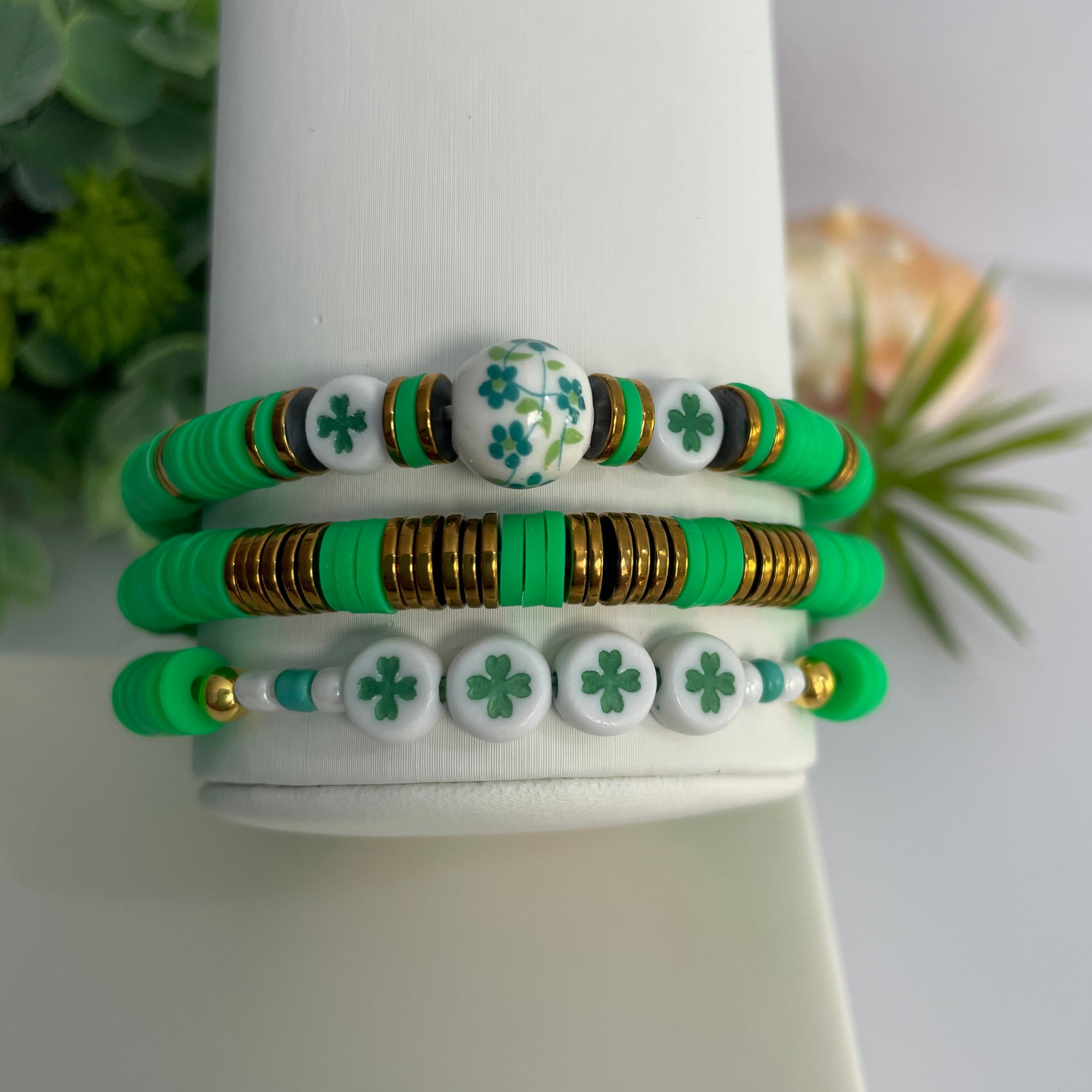 SET of 3 Clay Bead St. Patrick's Day Bracelet / Stacking Bracelets Hematite Gold Plated