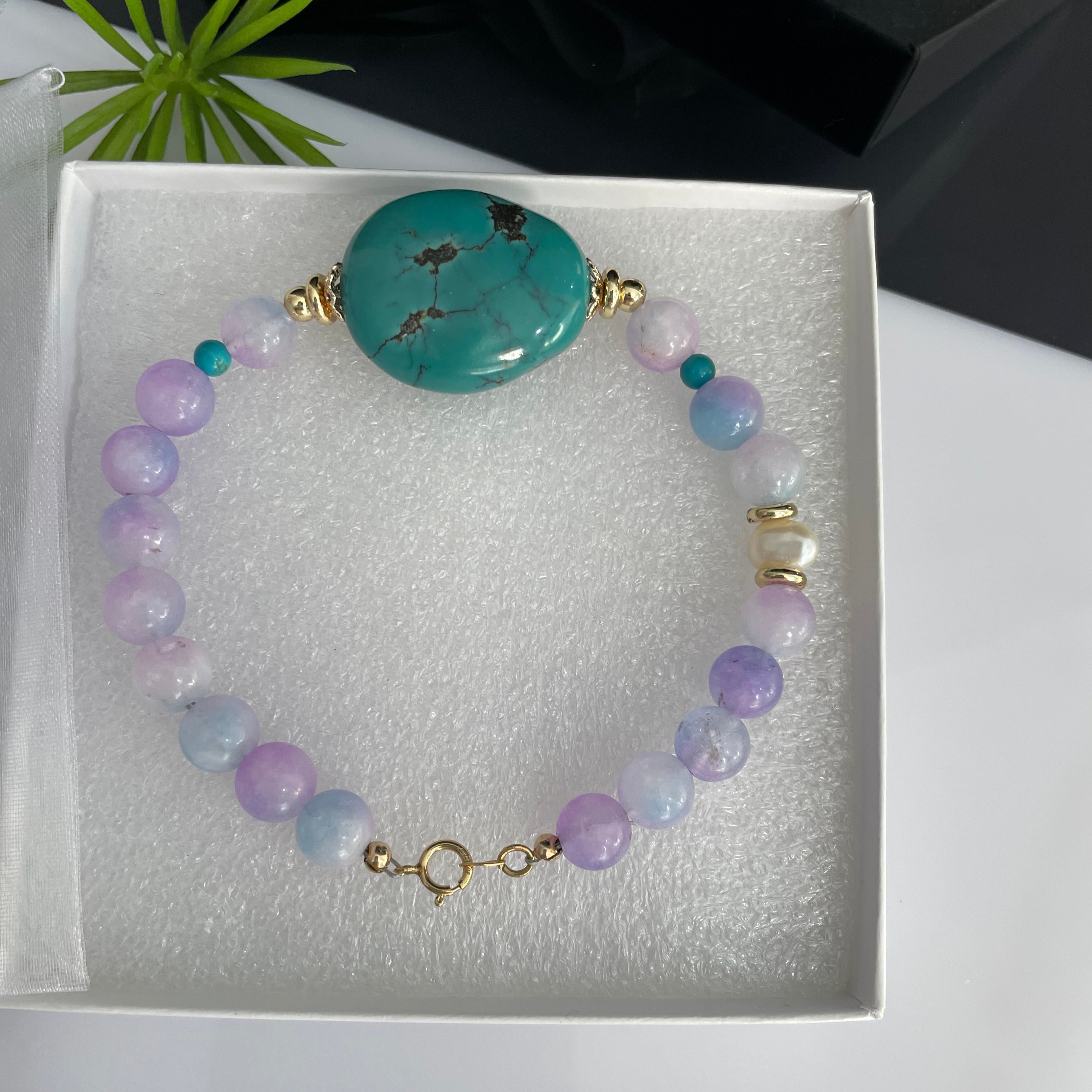 Light Purple Lavender Jade & Turquoise Gold Filled beaded Bracelet