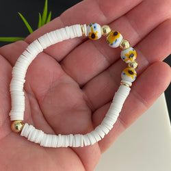 Porcelain Yellow Floral w White Clay Bead & 14k Gold Filled Beaded Bracelet