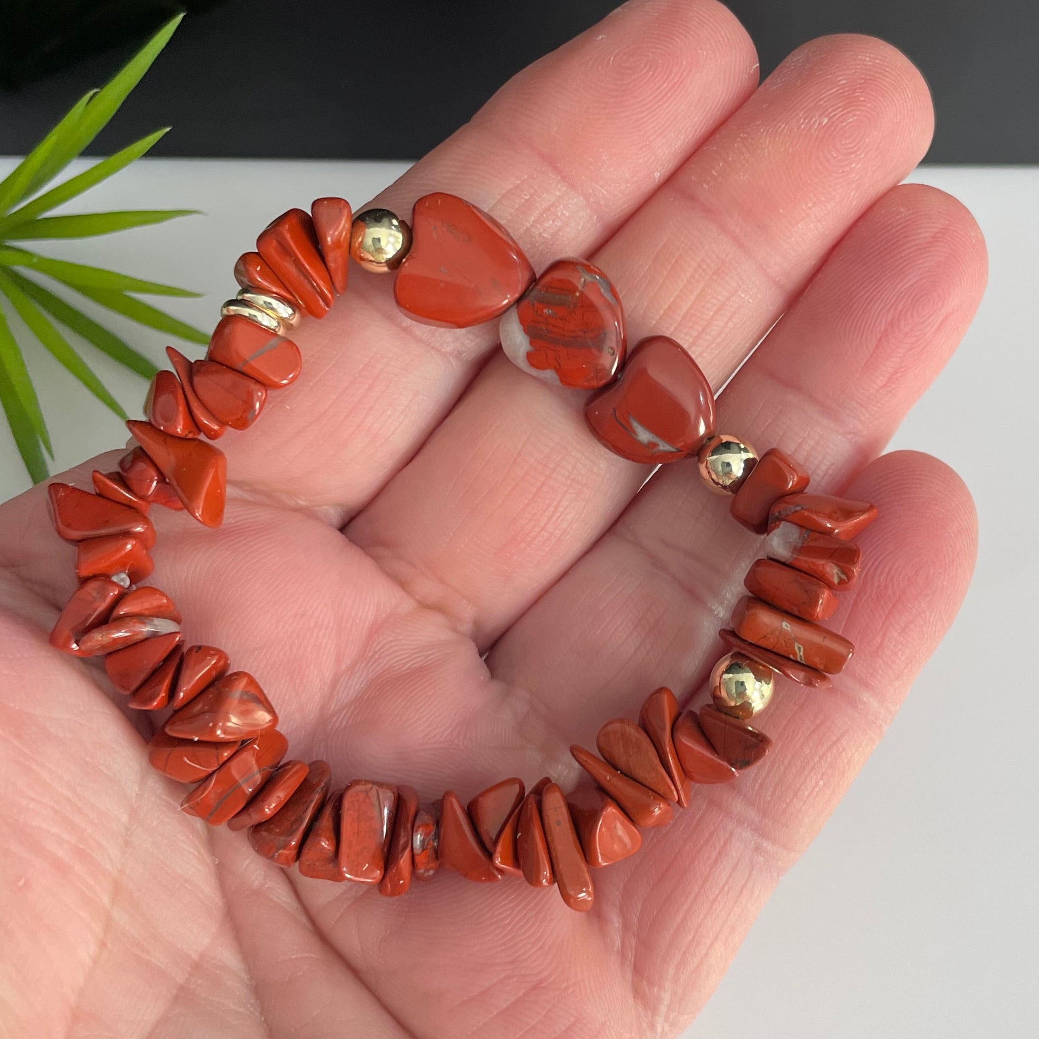 Red Jasper Chip Heart Stretch & Gold Filled Beaded Bracelets - Natural Stone Crystal Healing