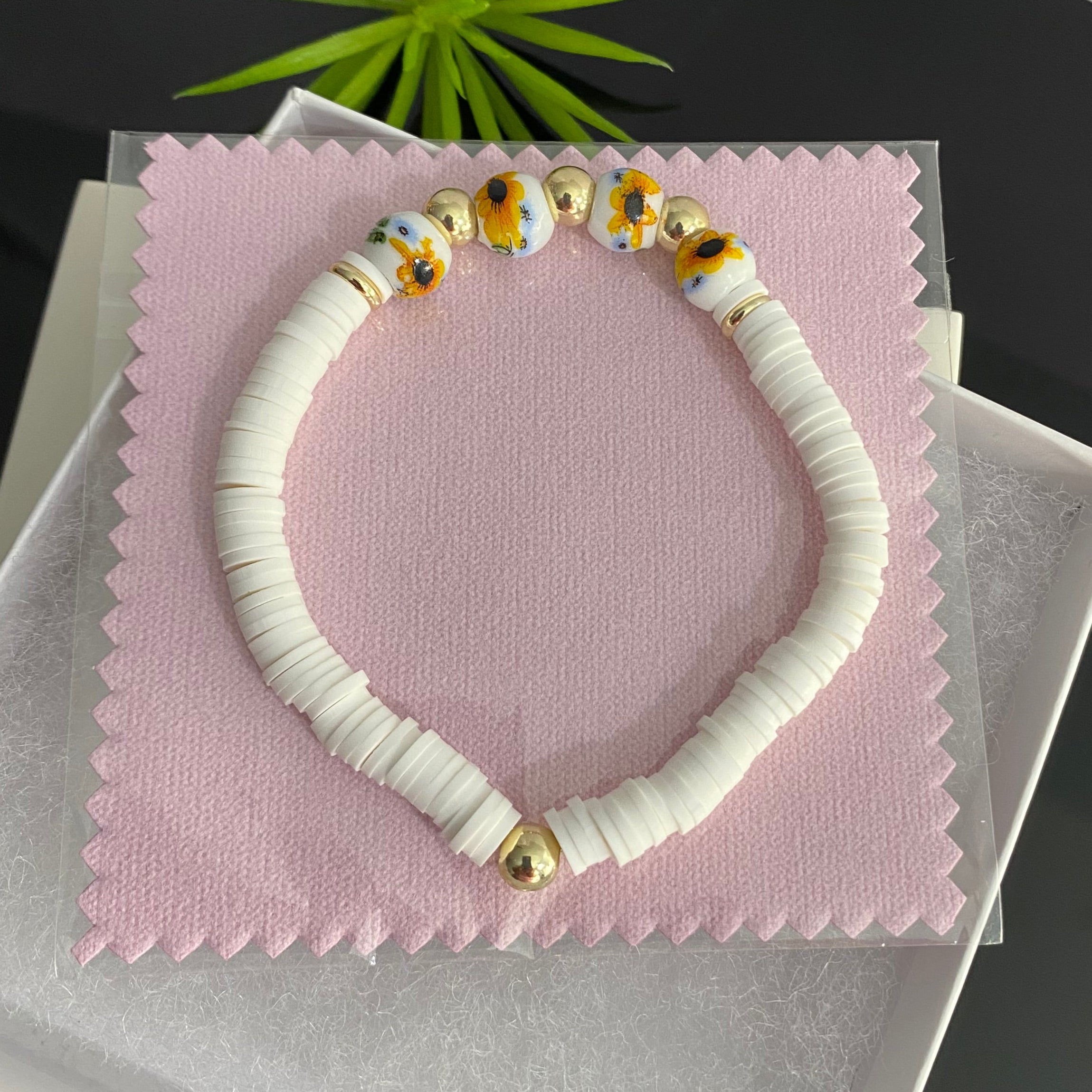 Porcelain Yellow Floral w White Clay Bead & 14k Gold Filled Beaded Bracelet