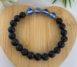 Black Lava Oil Diffuser & Aura Blue Mermaid Glass Beaded Bracelet Gold Plated 8mm