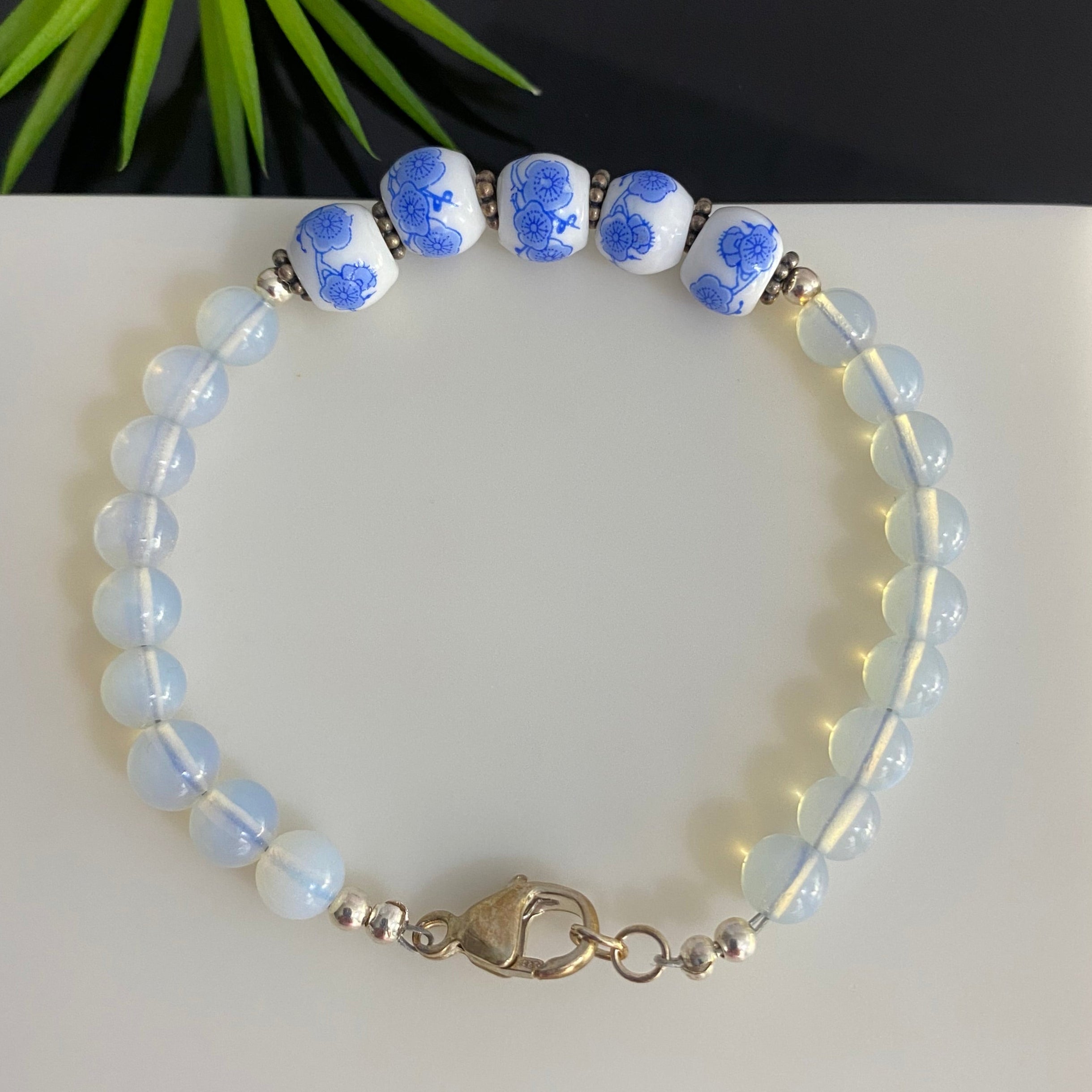 Sterling Silver 6mm Moonstone Opalite & Blue Flower Porcelain Beads Bracelet