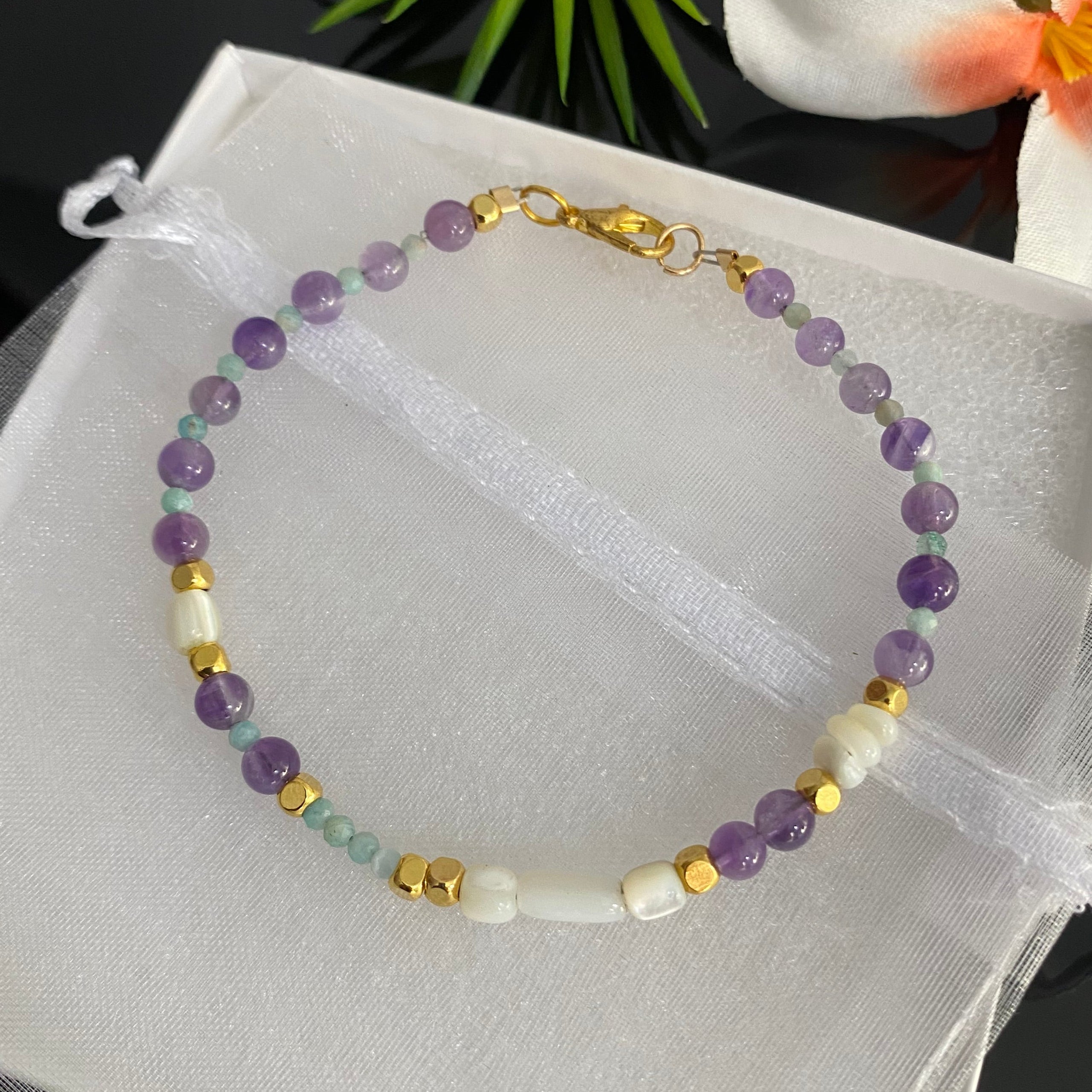 4mm Amethyst, Amazonite & White MOP Gold Plated Beaded Bracelet