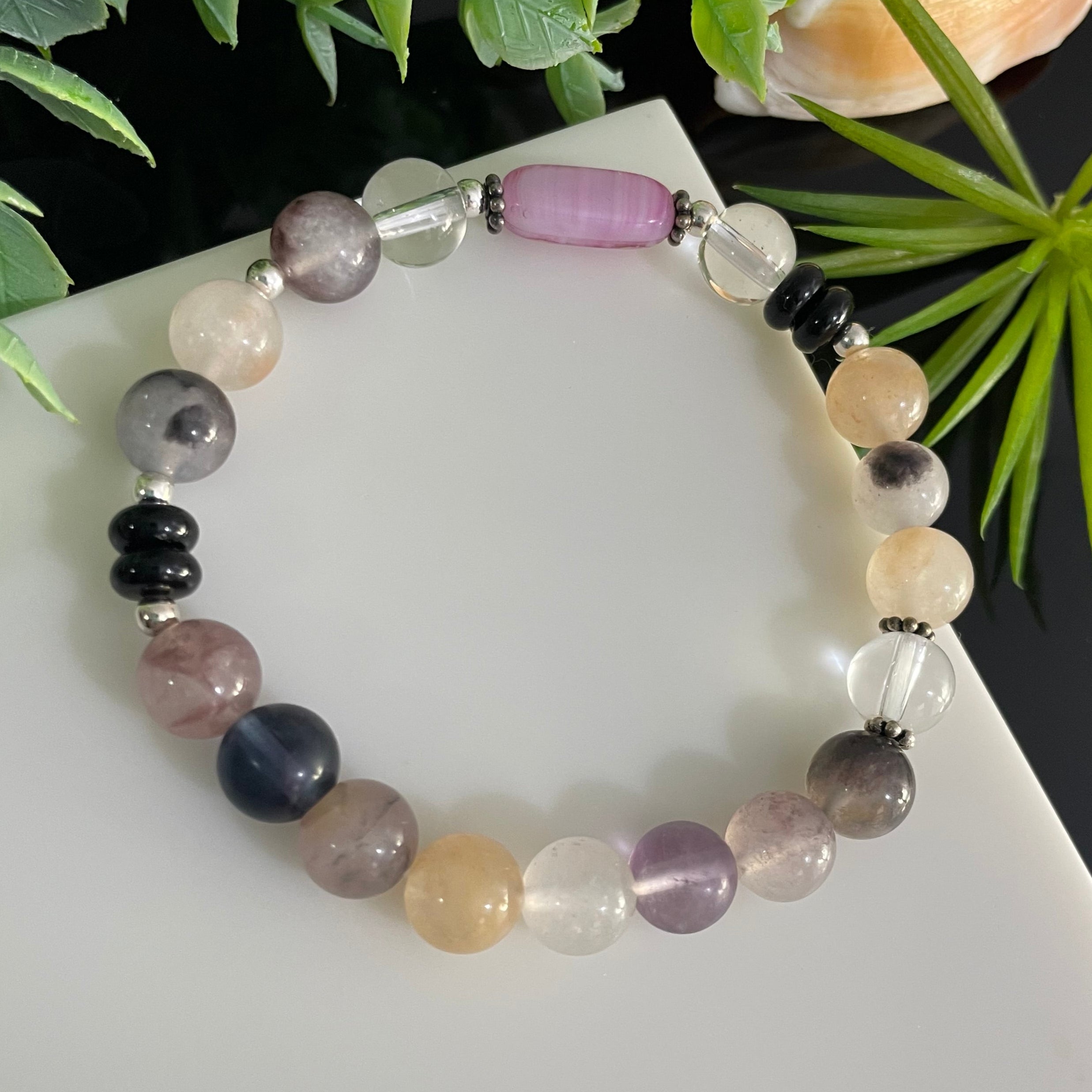 Violet and Clear Quartz Gemstone Sterling Silver Beaded Bracelet Natural Stone Crystal Healing