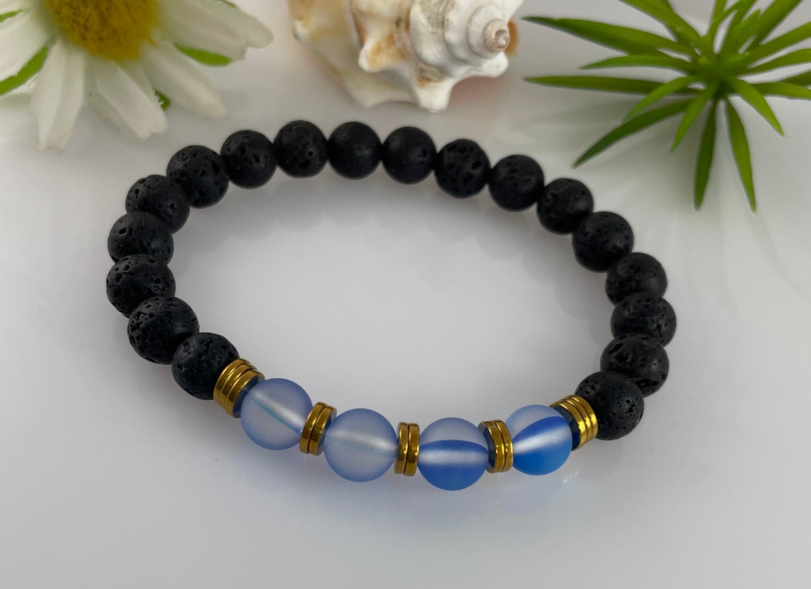 Black Lava Oil Diffuser & Aura Blue Mermaid Glass Beaded Bracelet Gold Plated 8mm