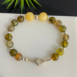 Sterling Silver 8mm Yellow Dragon Veins Agate & 10mm Yellow Jade Beads Bracelet