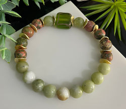 Unakite & Jade 8mm Gemstone Beaded Bracelet Natural Stone Crystal Healing Gold Plated