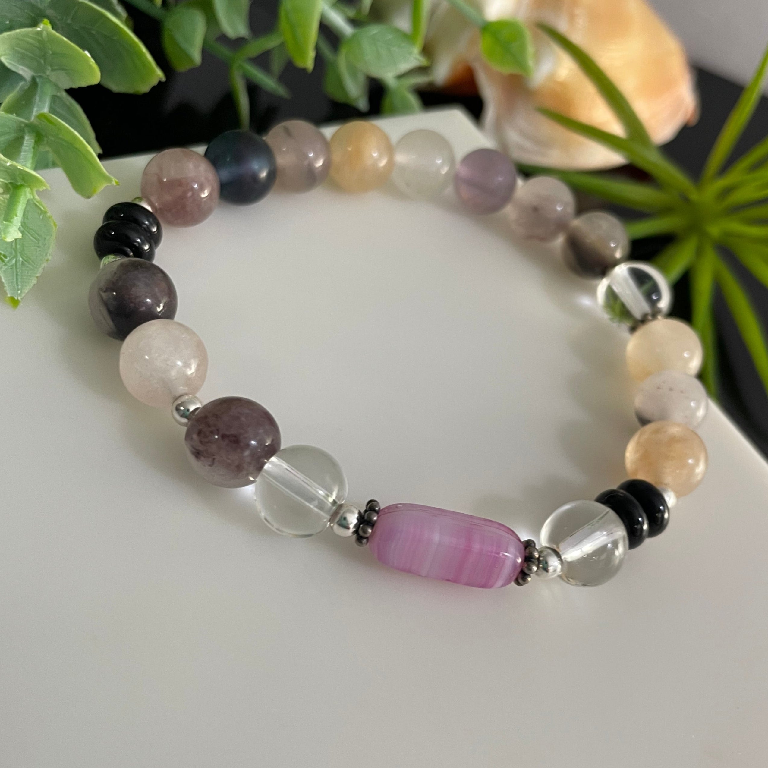 Violet and Clear Quartz Gemstone Sterling Silver Beaded Bracelet Natural Stone Crystal Healing