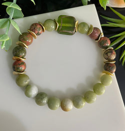 Unakite & Jade 8mm Gemstone Beaded Bracelet Natural Stone Crystal Healing Gold Plated