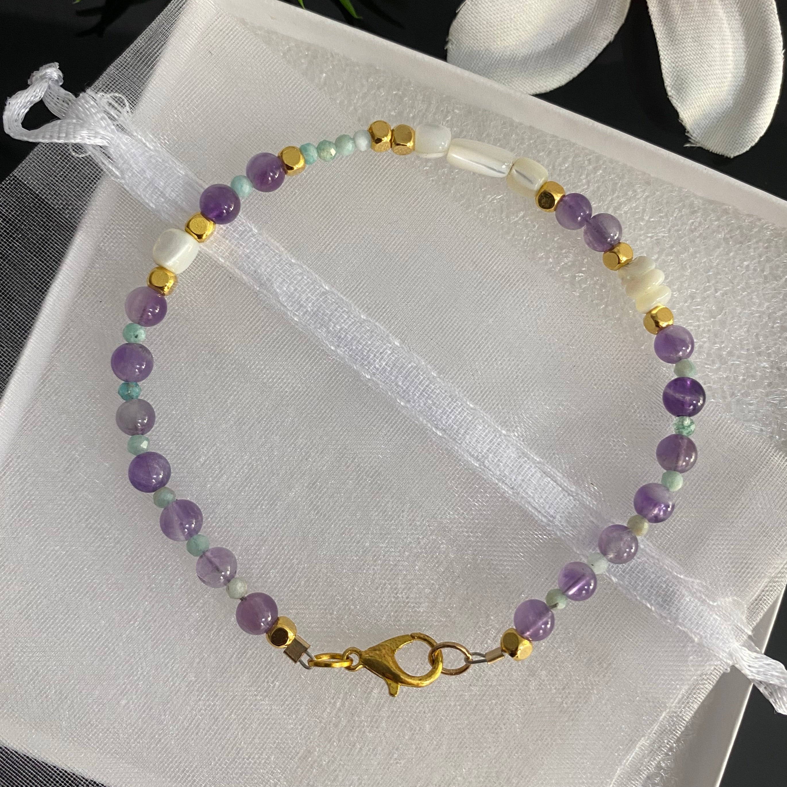 4mm Amethyst, Amazonite & White MOP Gold Plated Beaded Bracelet