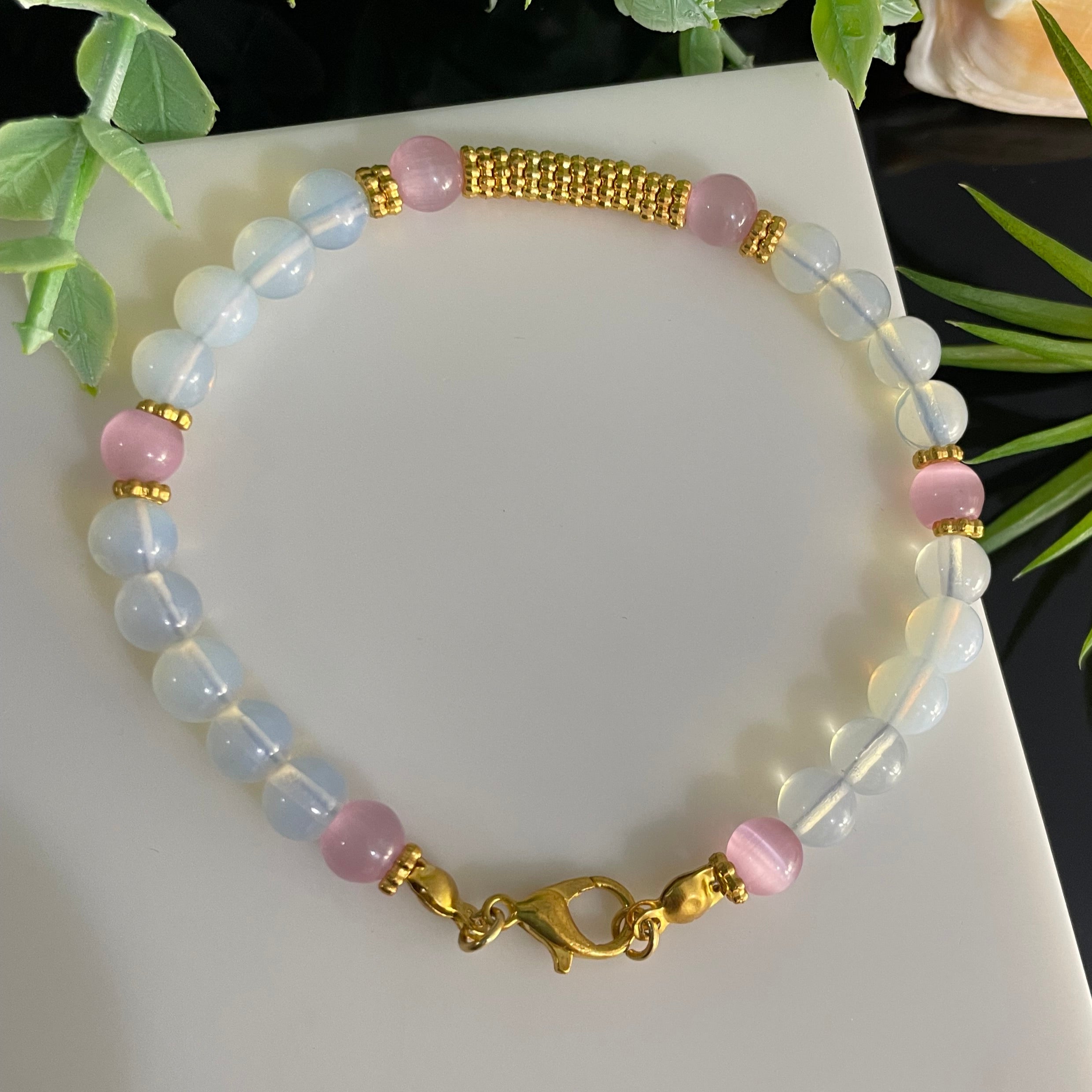 4mm Moonstone Opalite and Pink Cat Eye Gold Plated Beaded Bracelet