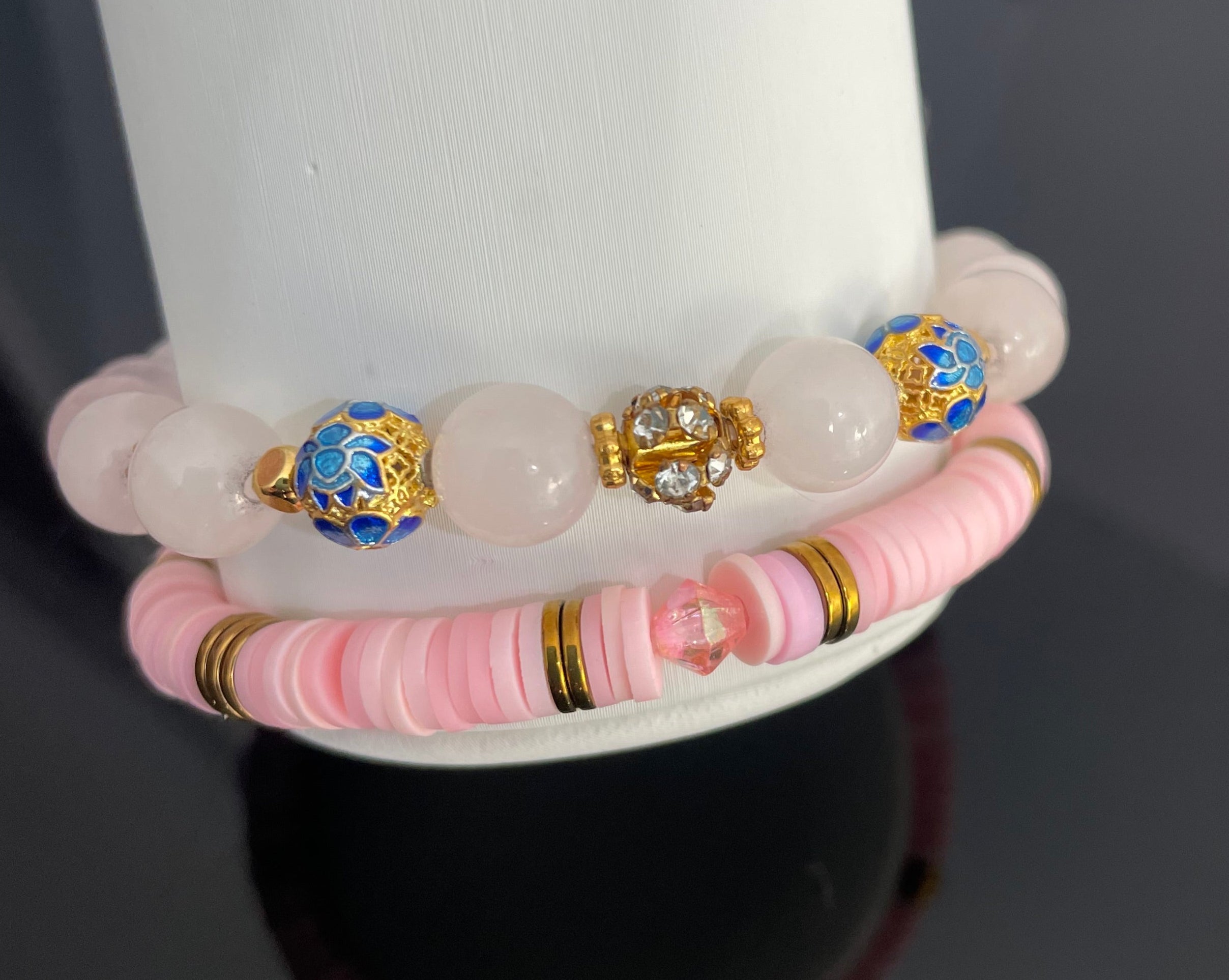 SET of 2 Pink Bracelets, Natural Pink Quartz & Clay Beaded Bracelets Gold Plated