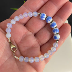 Sterling Silver 6mm Moonstone Opalite & Blue Flower Porcelain Beads Bracelet