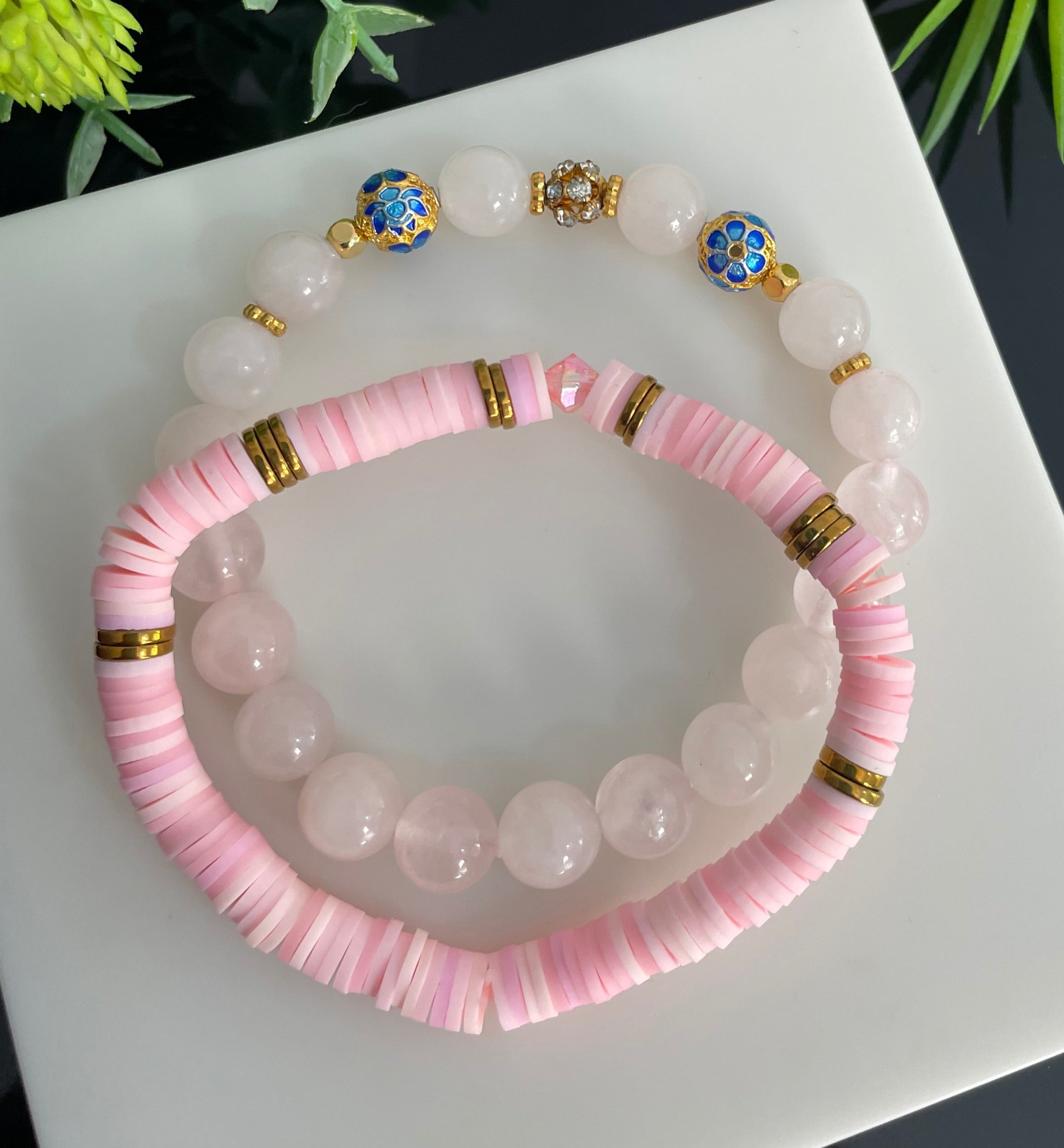 SET of 2 Pink Bracelets, Natural Pink Quartz & Clay Beaded Bracelets Gold Plated