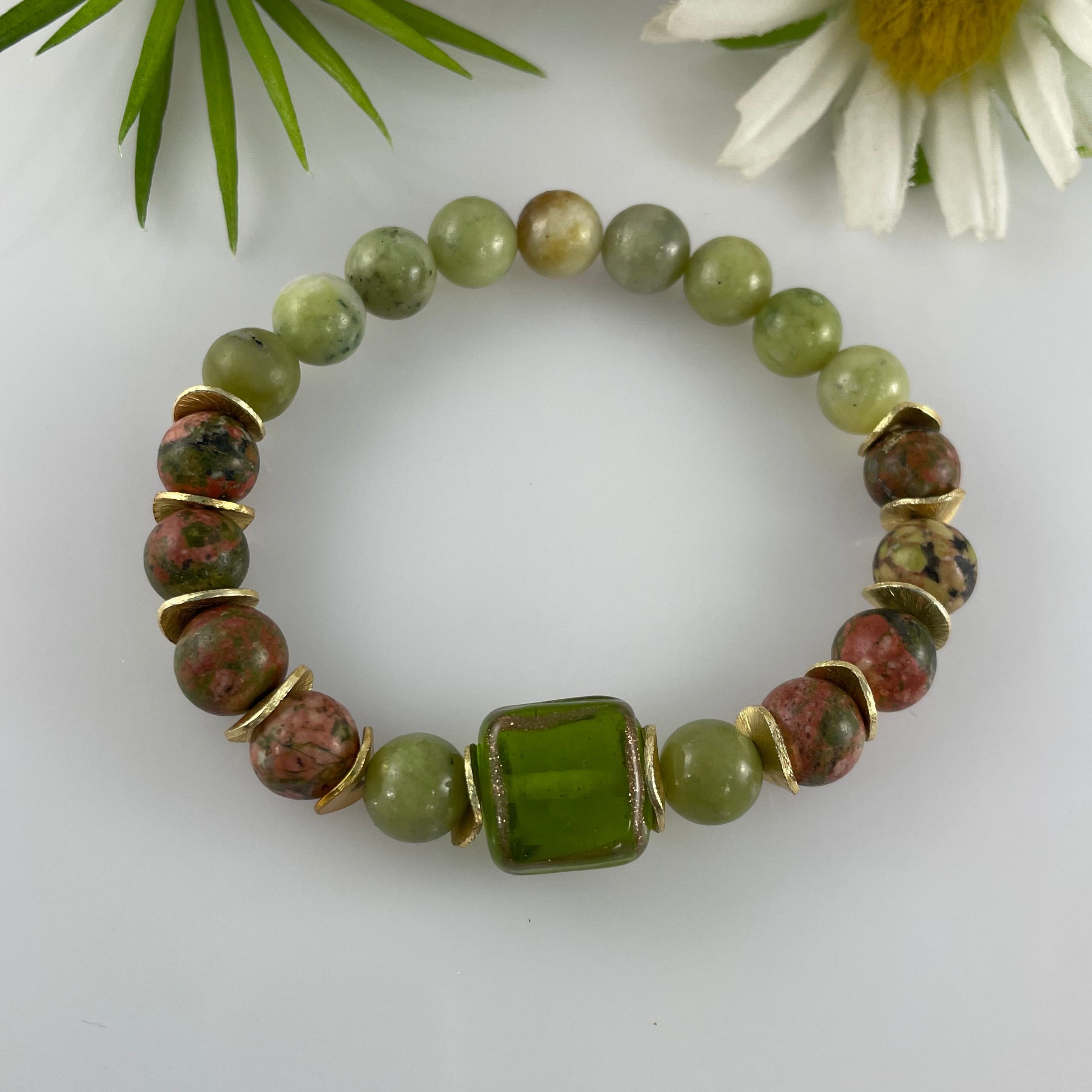 Unakite & Jade 8mm Gemstone Beaded Bracelet Natural Stone Crystal Healing Gold Plated