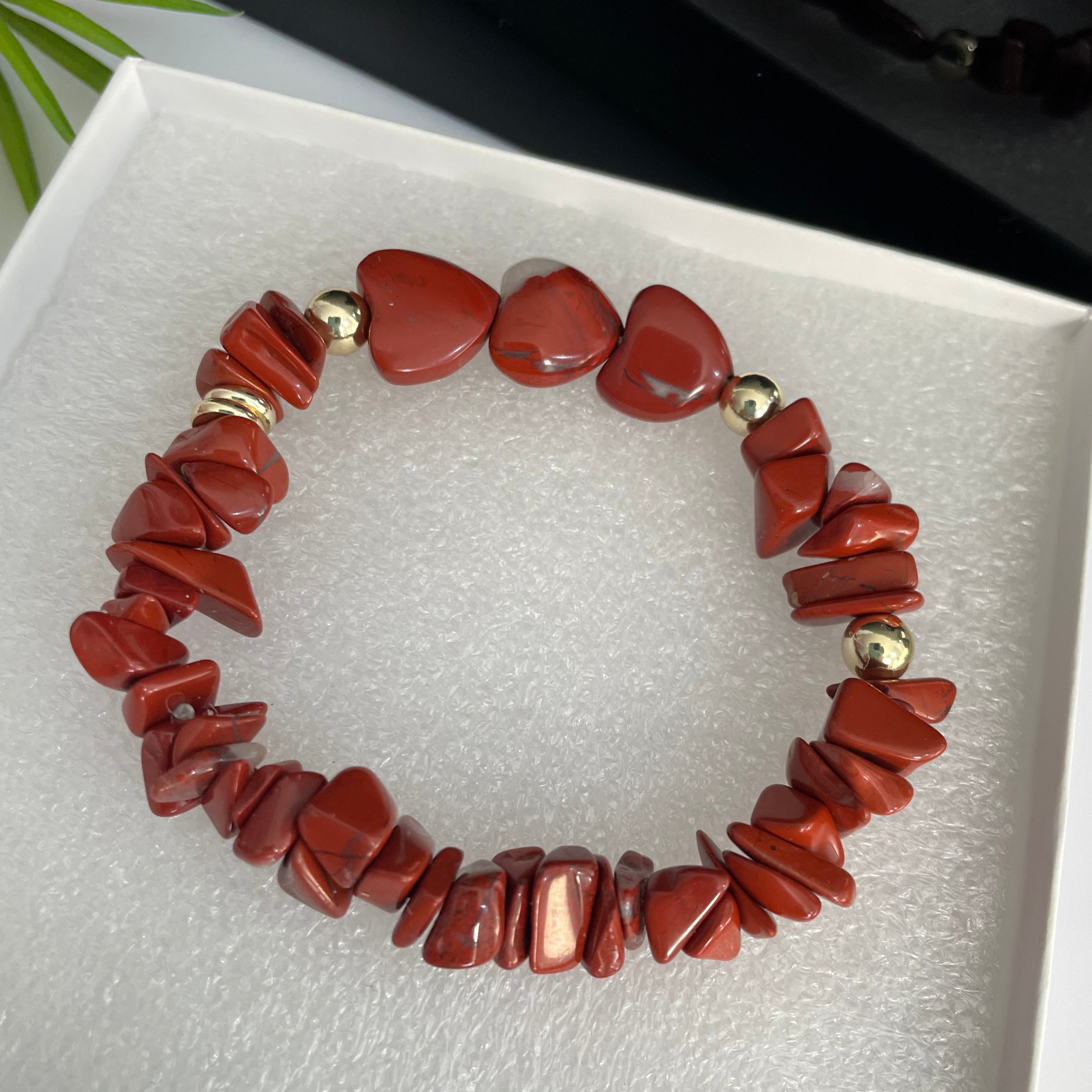 Red Jasper Chip Heart Stretch & Gold Filled Beaded Bracelets - Natural Stone Crystal Healing