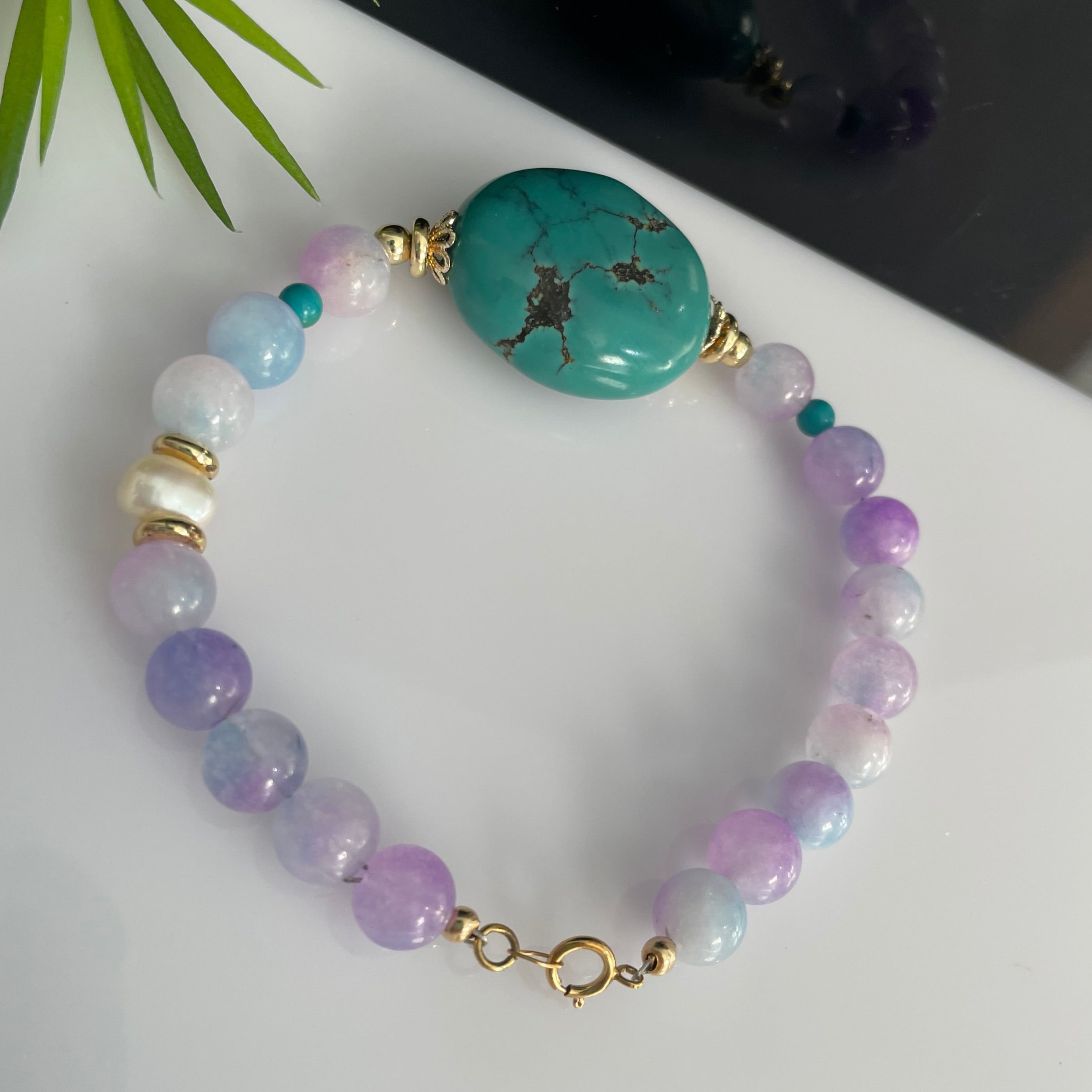 Light Purple Lavender Jade & Turquoise Gold Filled beaded Bracelet