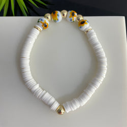 Porcelain Yellow Floral w White Clay Bead & 14k Gold Filled Beaded Bracelet