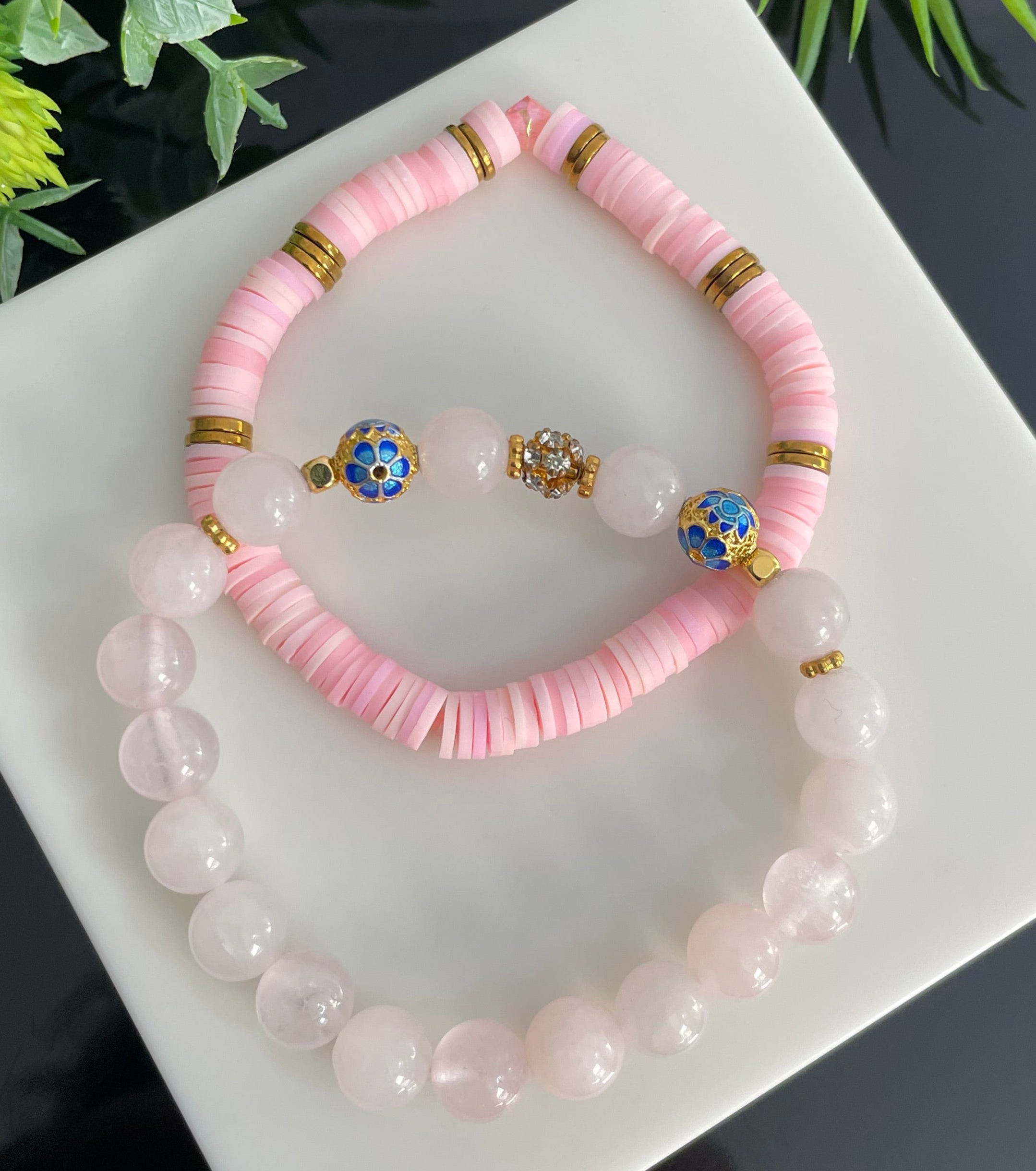 SET of 2 Pink Bracelets, Natural Pink Quartz & Clay Beaded Bracelets Gold Plated