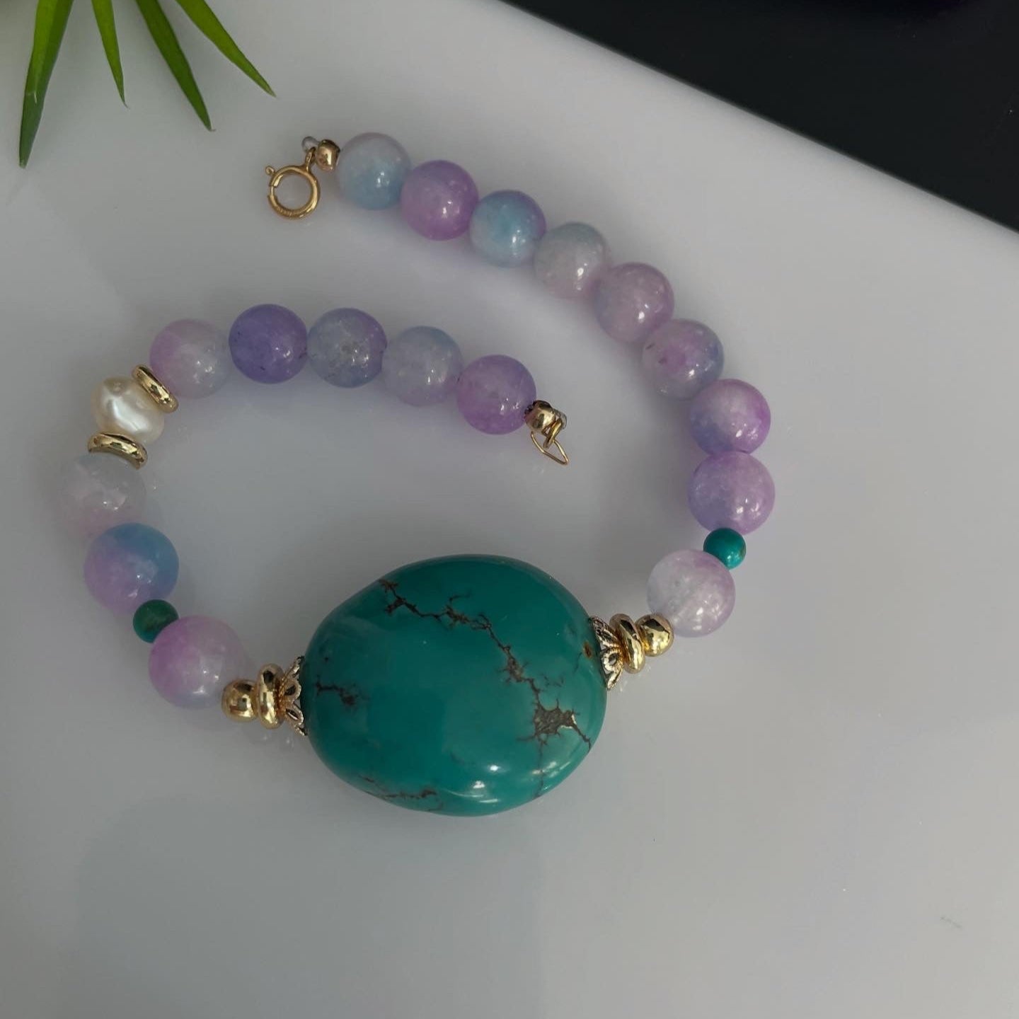 Light Purple Lavender Jade & Turquoise Gold Filled beaded Bracelet