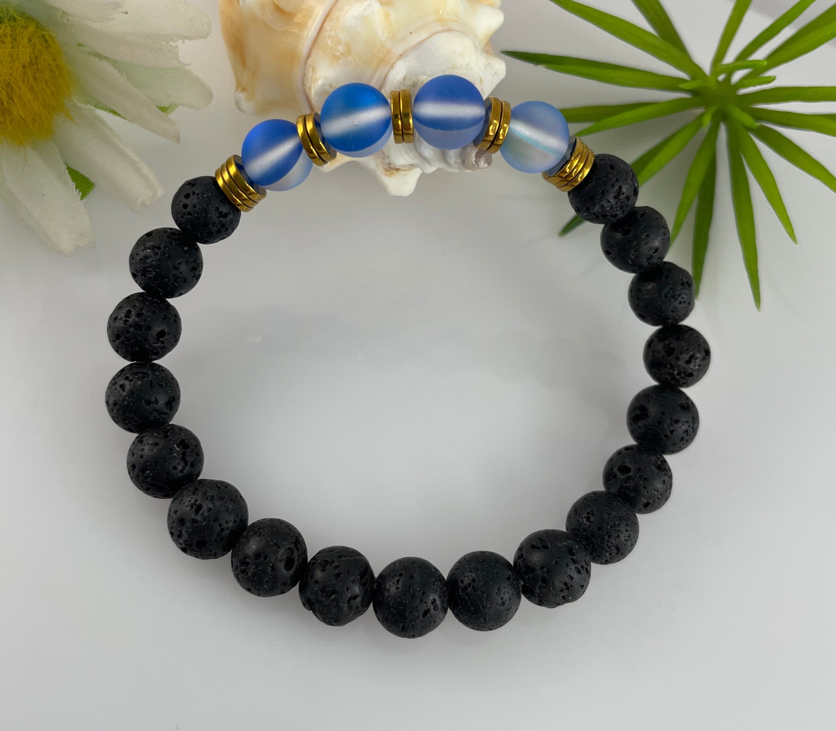 Black Lava Oil Diffuser & Aura Blue Mermaid Glass Beaded Bracelet Gold Plated 8mm