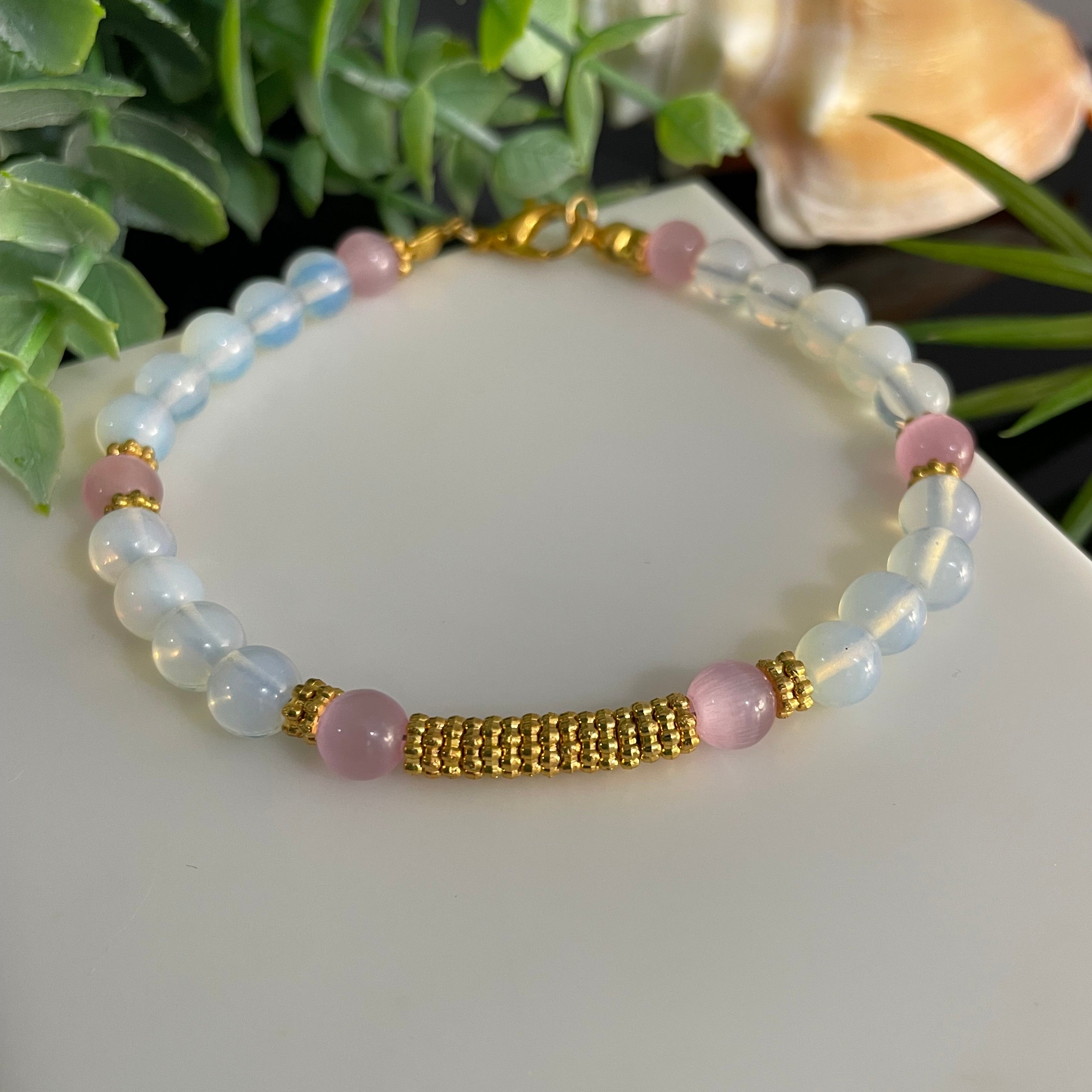 4mm Moonstone Opalite and Pink Cat Eye Gold Plated Beaded Bracelet