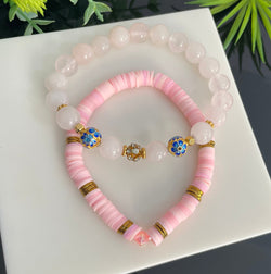 SET of 2 Pink Bracelets, Natural Pink Quartz & Clay Beaded Bracelets Gold Plated