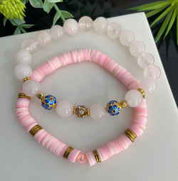 SET of 2 Pink Bracelets, Natural Pink Quartz & Clay Beaded Bracelets Gold Plated