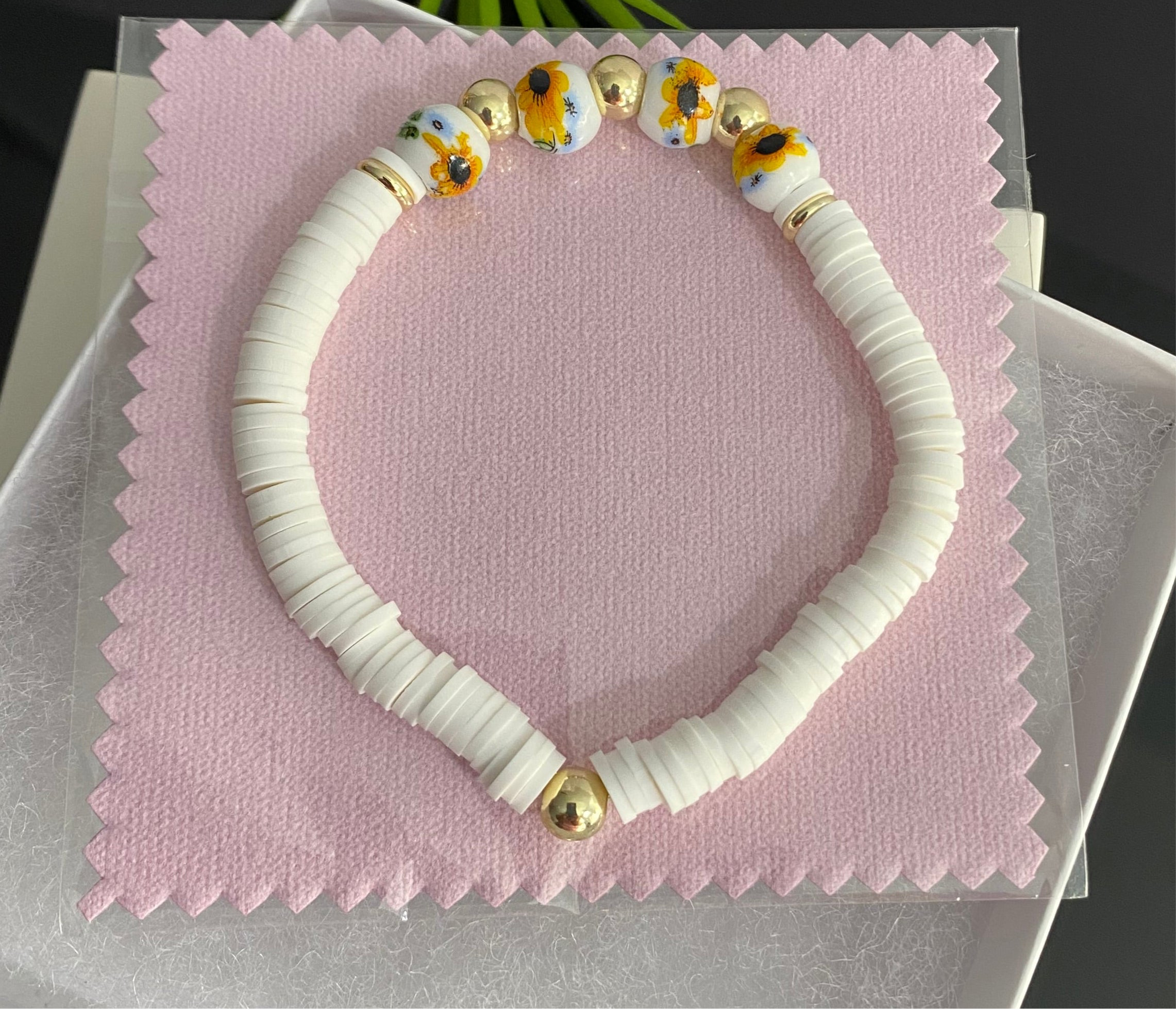 Porcelain Yellow Floral w White Clay Bead & 14k Gold Filled Beaded Bracelet