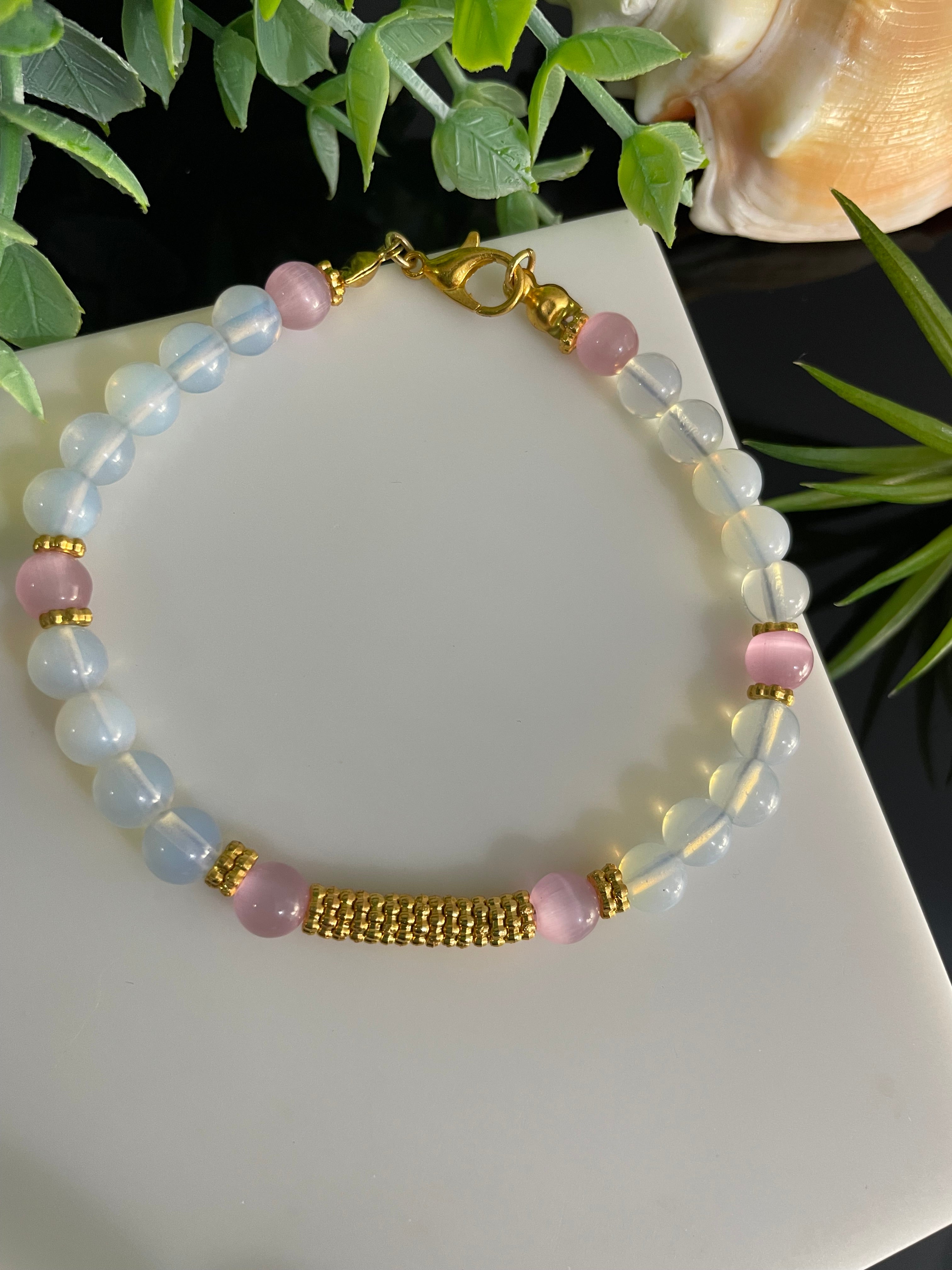 4mm Moonstone Opalite and Pink Cat Eye Gold Plated Beaded Bracelet