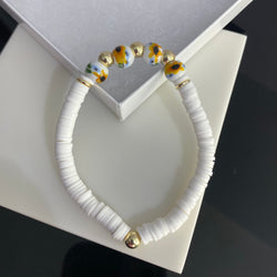 Porcelain Yellow Floral w White Clay Bead & 14k Gold Filled Beaded Bracelet