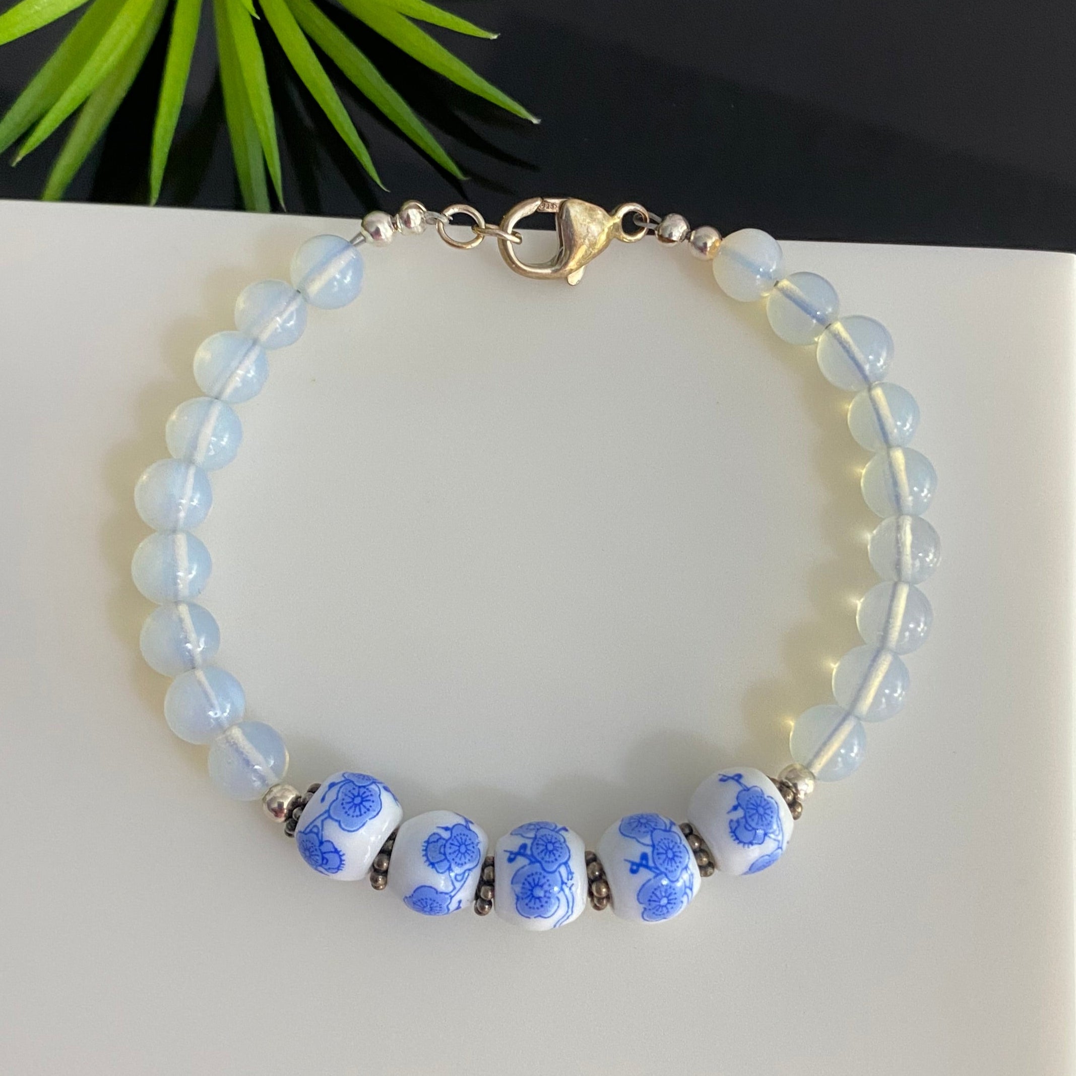 Sterling Silver 6mm Moonstone Opalite & Blue Flower Porcelain Beads Bracelet