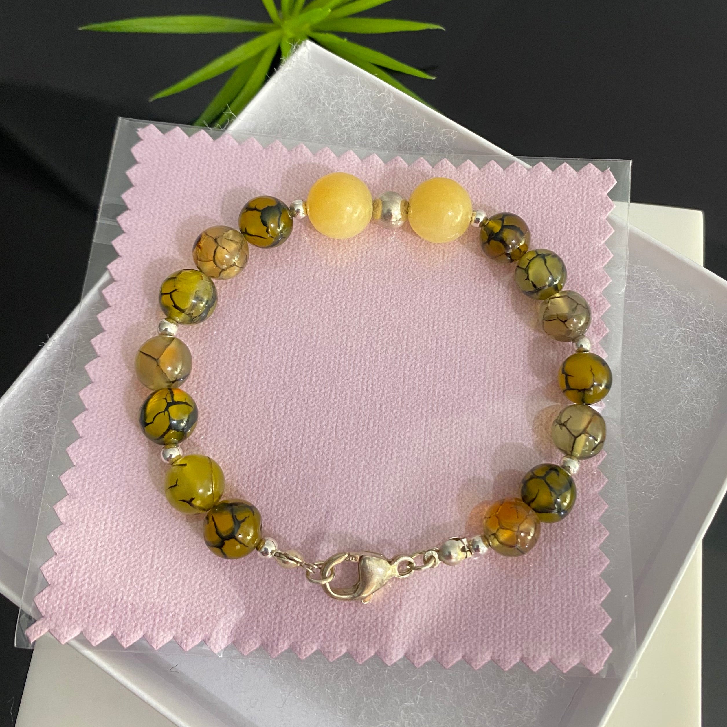 Sterling Silver 8mm Yellow Dragon Veins Agate & 10mm Yellow Jade Beads Bracelet