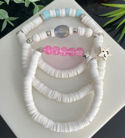 SET of 3 White Polimer Clay Beaded Bracelet / Stacking Bracelets