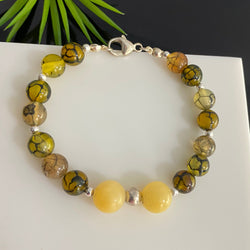 Sterling Silver 8mm Yellow Dragon Veins Agate & 10mm Yellow Jade Beads Bracelet