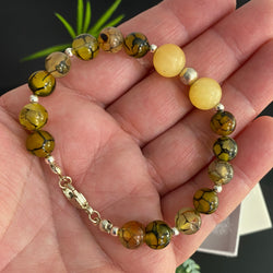 Sterling Silver 8mm Yellow Dragon Veins Agate & 10mm Yellow Jade Beads Bracelet