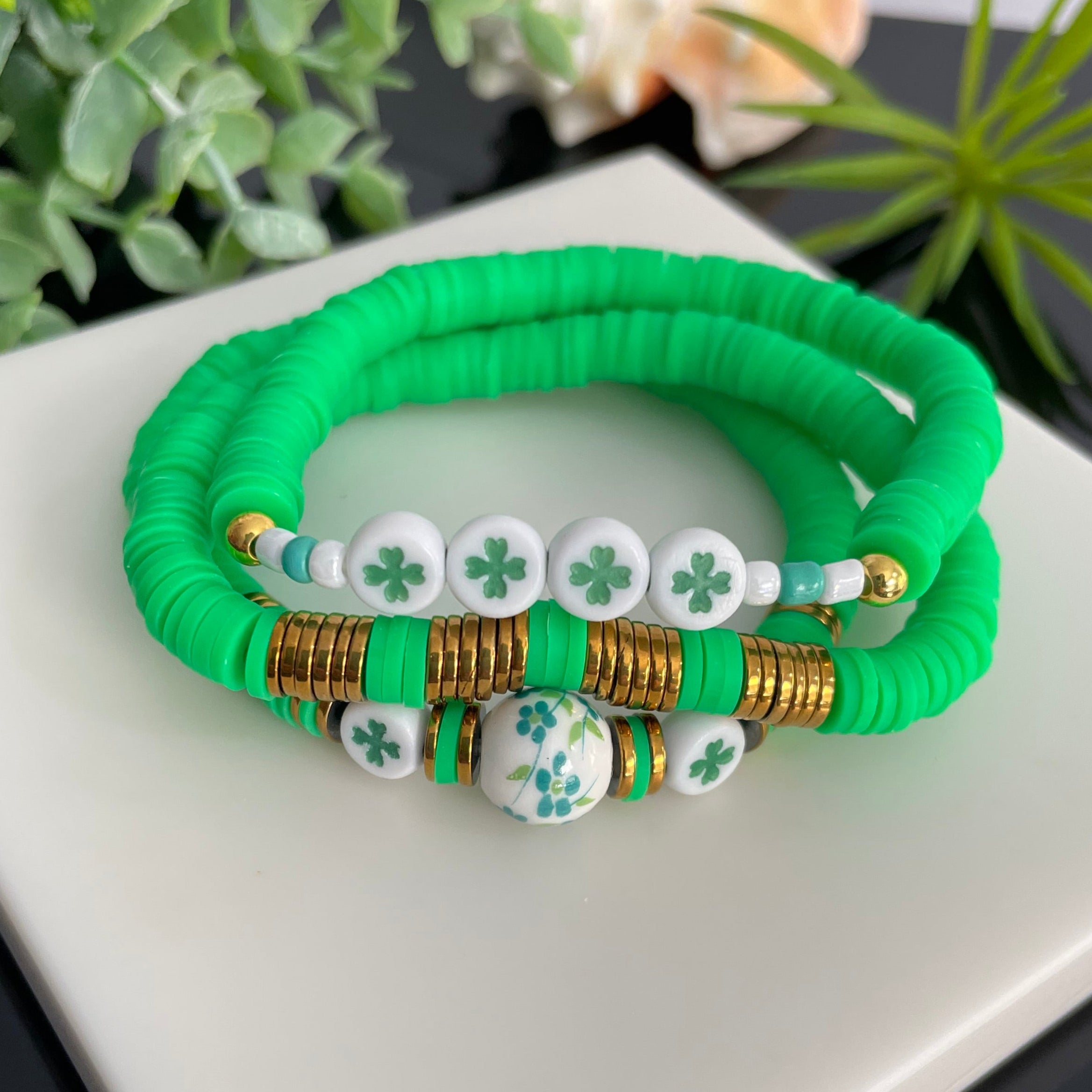 SET of 3 Clay Bead St. Patrick's Day Bracelet / Stacking Bracelets Hematite Gold Plated