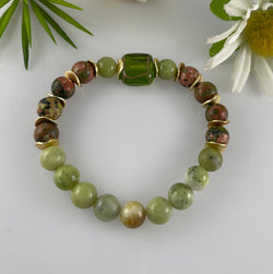 Unakite & Jade 8mm Gemstone Beaded Bracelet Natural Stone Crystal Healing Gold Plated